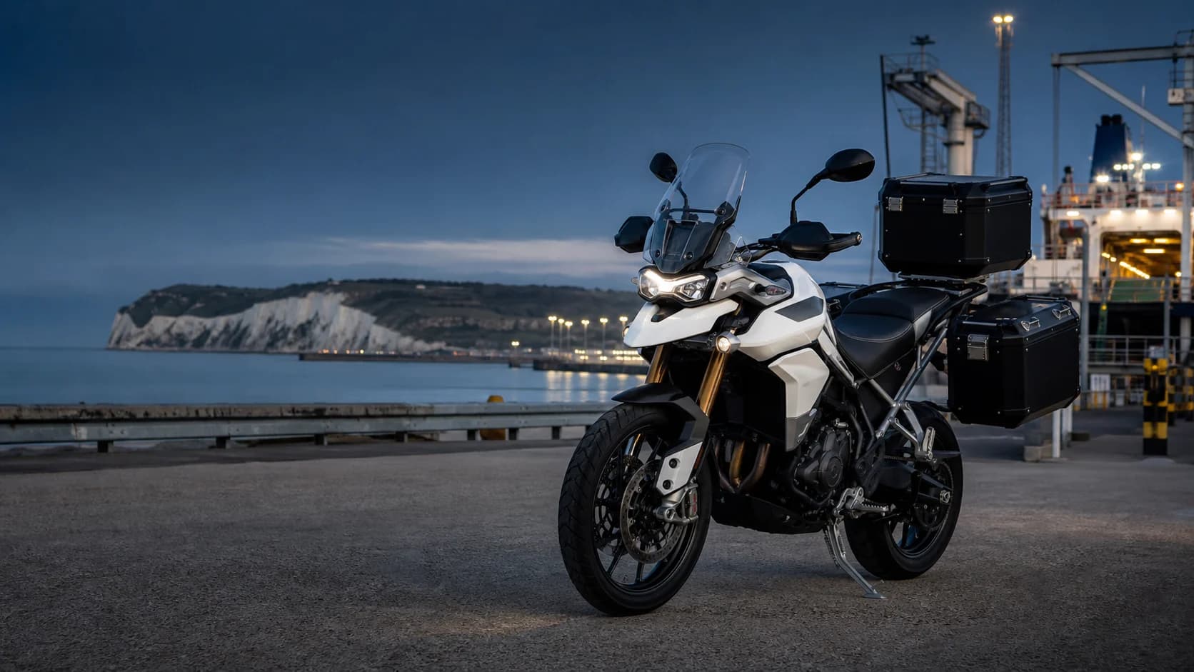 Courier motorcycle at Dover harbour